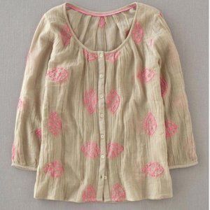 Boden Women’s Khaki Flowy Boho Pink Bohemian Cotton Peasant Shirt Top 2 (XS)